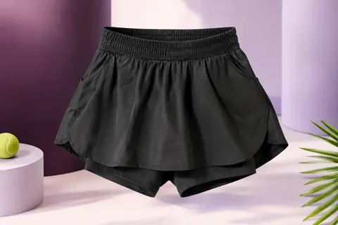 Jupe-short de sport noire avec short intérieur, taille élastique et quatre poches sur fond de studio clair