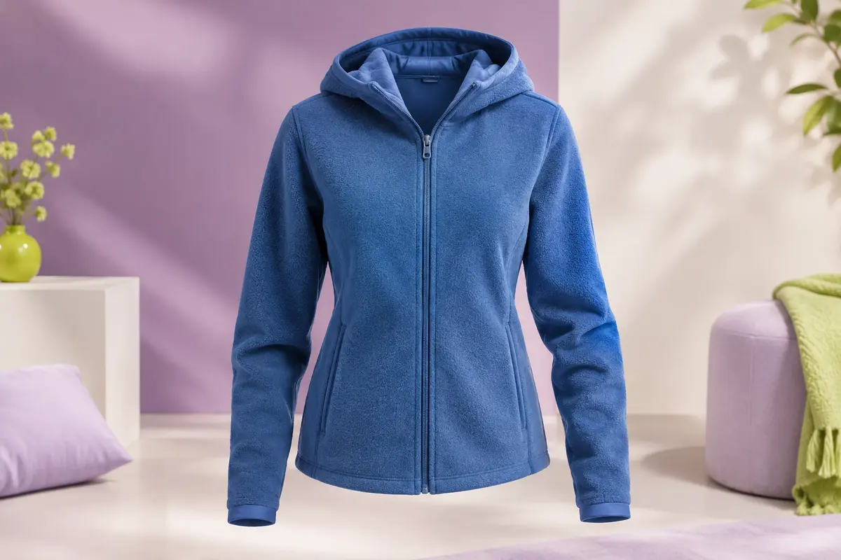 Veste polaire bleue à capuche avec fermeture éclair, matière molletonnée et finitions doublées en jersey.
