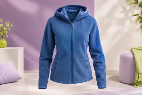 Veste polaire bleue à capuche avec fermeture éclair, matière molletonnée et finitions doublées en jersey.