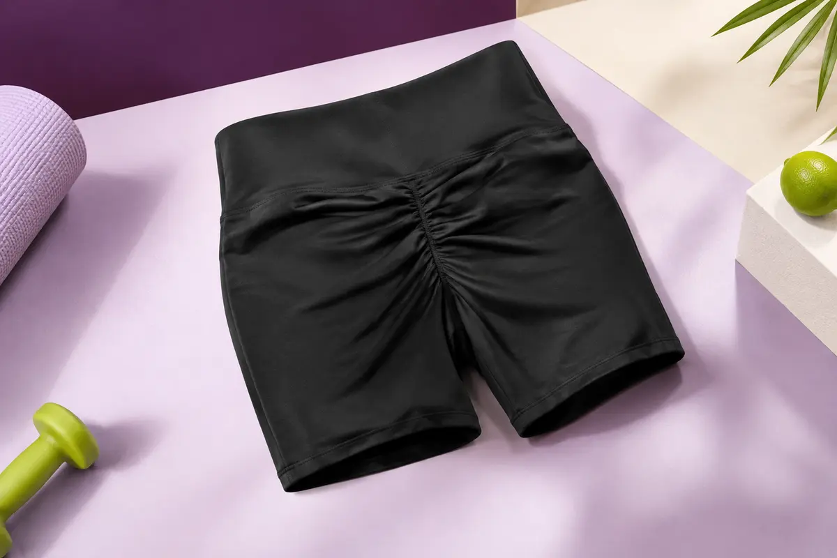 Short de sport noir taille haute à coupe près du corps et détail froncé à l’arrière sur fond de studio clair.