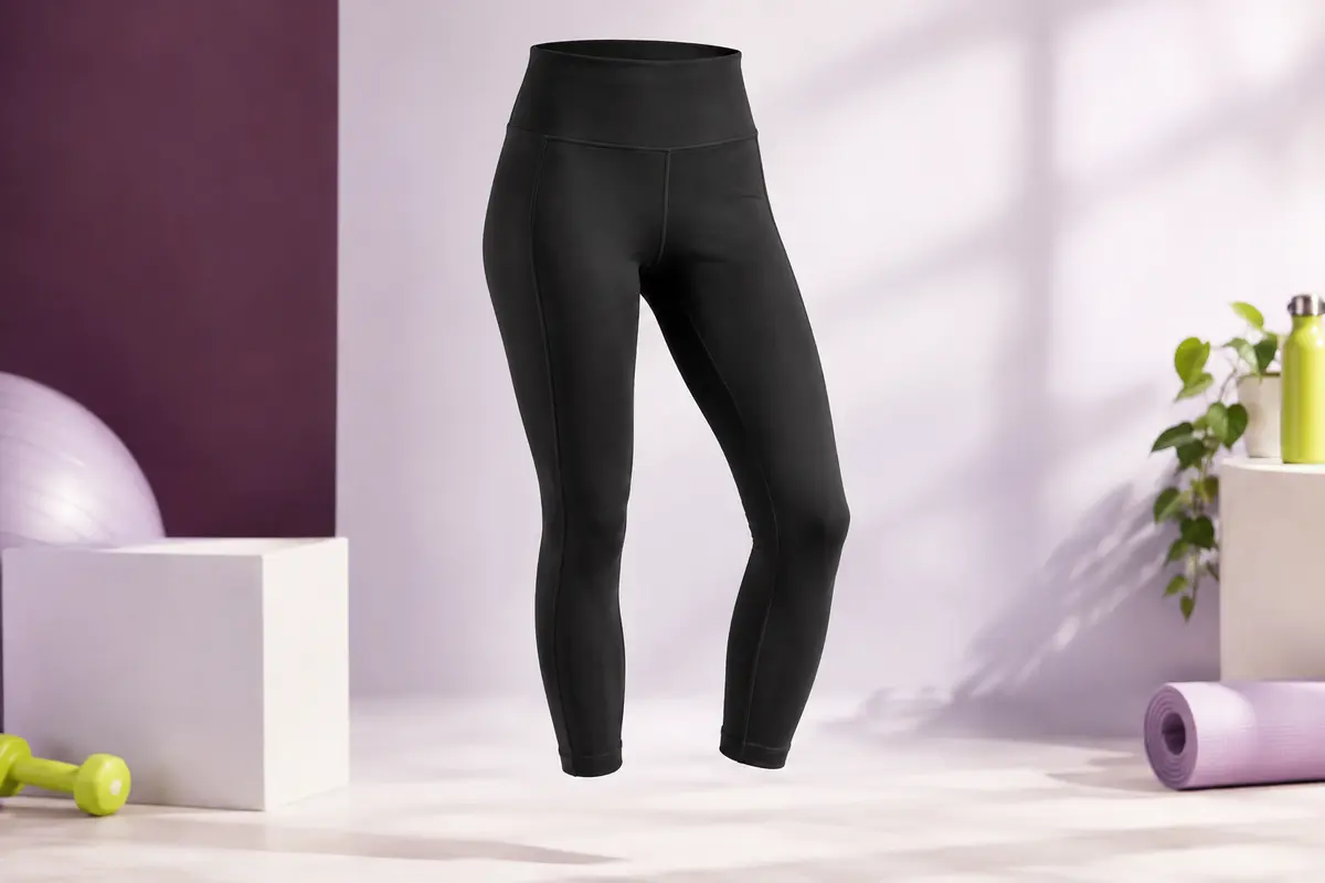 Legging de sport noir à taille haute et longueur 7/8 présenté seul sur un fond de studio lumineux.