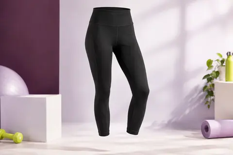 Legging de sport noir à taille haute et longueur 7/8 présenté seul sur un fond de studio lumineux.