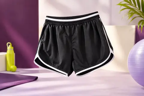 Short de sport noir et blanc en maille légère, présenté seul sur un fond de studio lilas et prune.