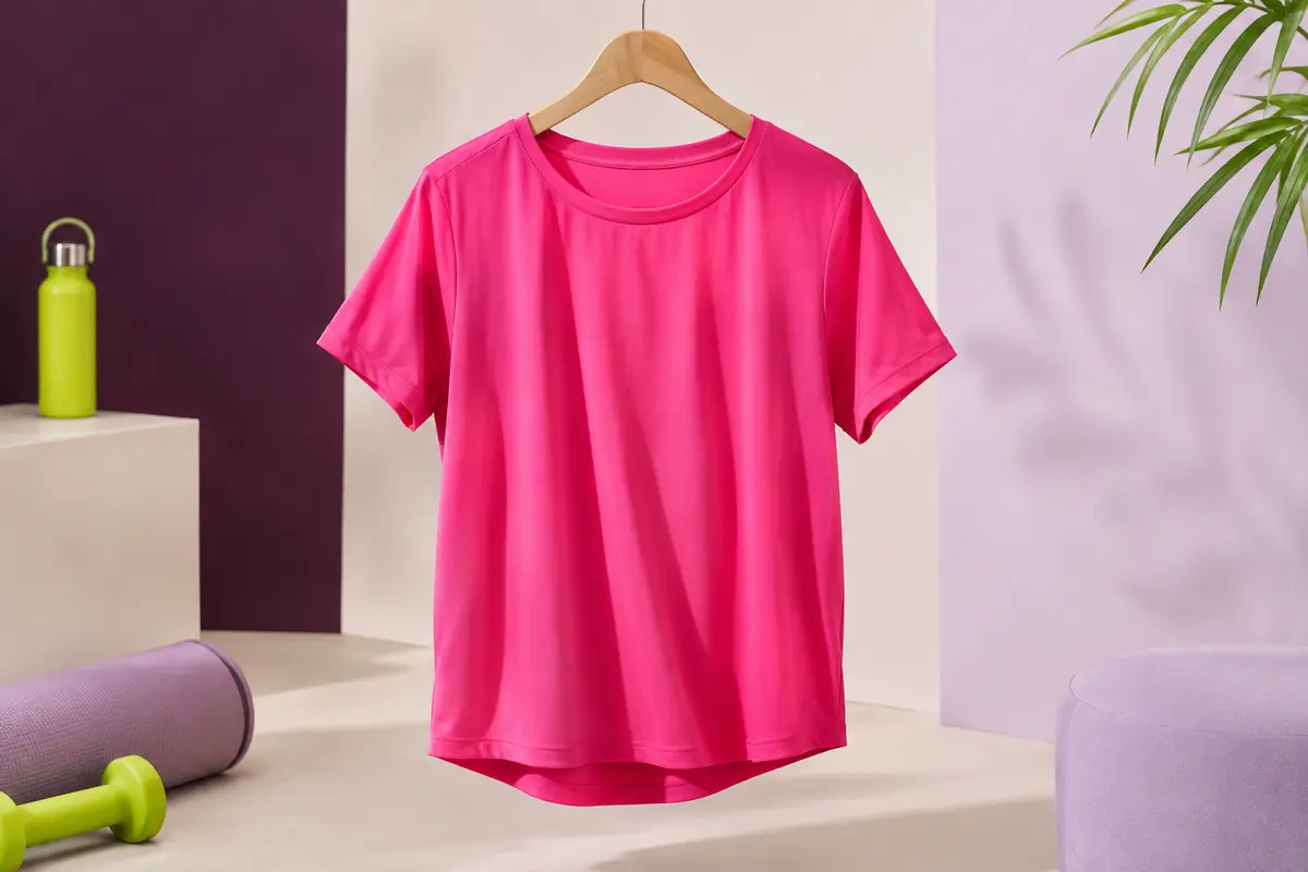 Tee-shirt de sport rose vif à la coupe ample, suspendu dans un studio aux tons prune et ivoire.