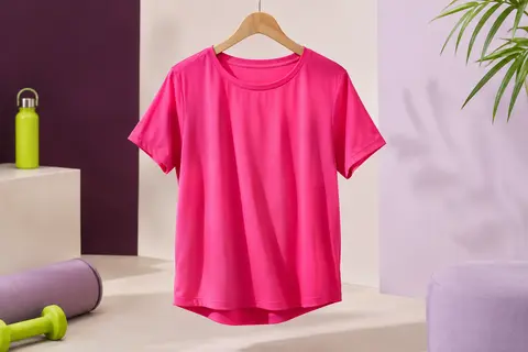 Tee-shirt de sport rose vif à la coupe ample, suspendu dans un studio aux tons prune et ivoire.
