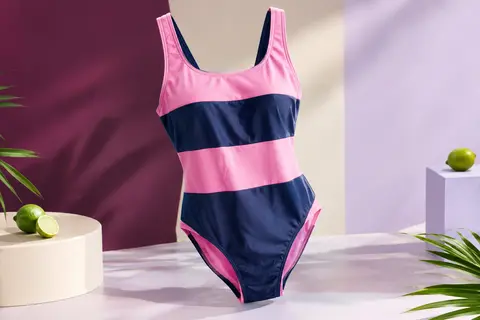 Maillot de bain une pièce rose et bleu foncé à larges bretelles et motif à rayures