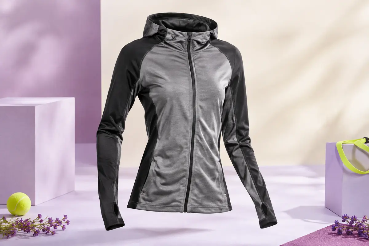 Veste de sport à capuche grise et noire, zippée, avec manches longues et ouvertures pour les pouces.