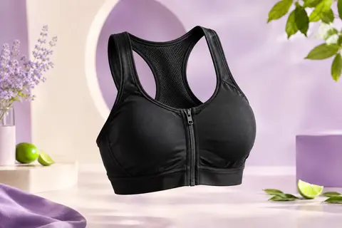 Brassière de sport noire à zip frontal, bonnets moulés et dos nageur en mesh