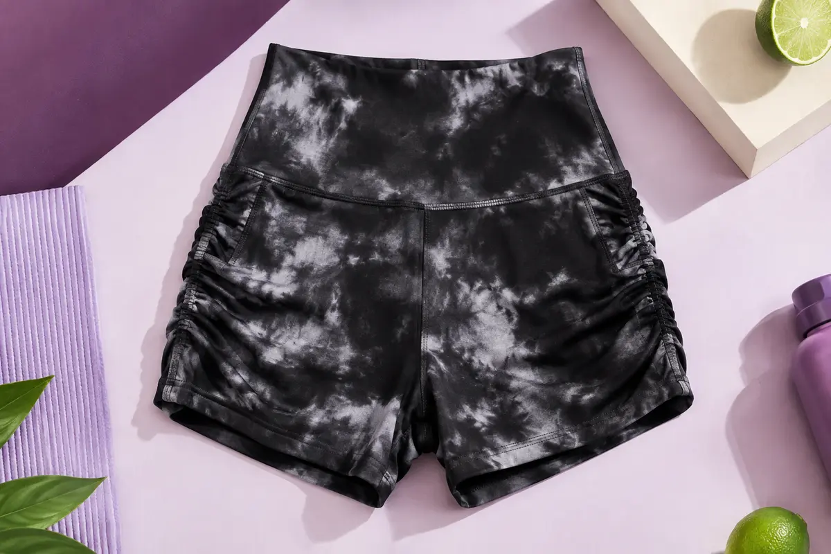 Short de sport taille haute noir à motif tie-dye, posé sur un fond de studio prune et lilas.